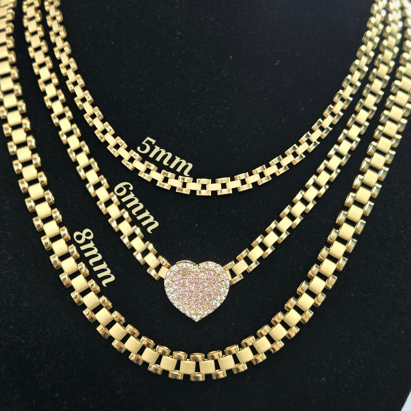 10k Gold Medium Sliding Pink Heart Necklace, Presidential Gold Chain, StyleGold Chain, Chain w/ Heart Gold Pendant, Rolly Style Link