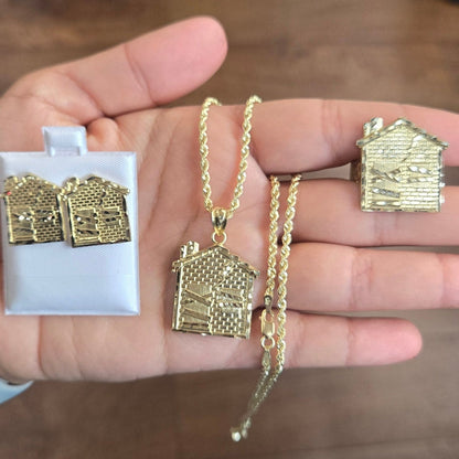 10k Gold Trap House Rope Chain  & Matching Earrings with Ring, Trap House Earrings, Trap House Ring, Men's Gold Jewelry Set