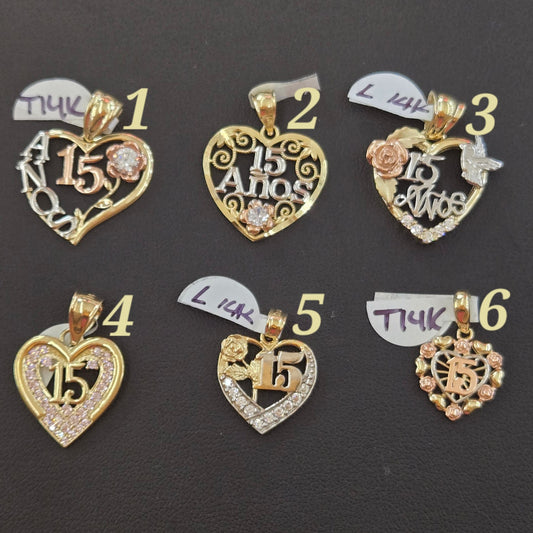 14k Gold Quinceañera Heart Pendant, 15 Charm, Fifteen Birthday Present, Quince Gold Pendant, Gold 15 Años Heart Pendant, Pink Heart Charm