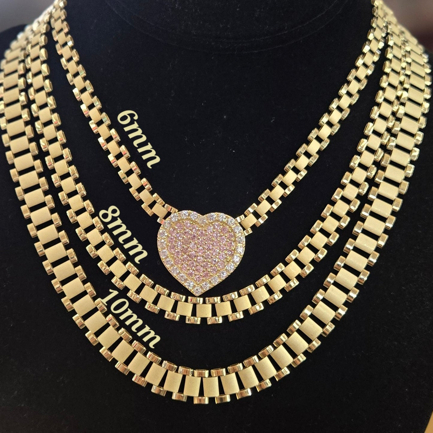 10k Gold Large Sliding Pink Heart Necklace, Presidential Link Gold Chain, Gold Chain, Chain w/ Heart Gold Pendant, Presidential link Chain with slider