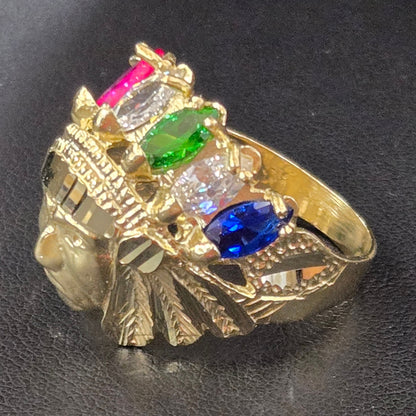 10k Gold Colorful Indian Cheif Head Ring, Gold Diamond Cut Ring, Native American Indian Cheif Head, Indian Face Ring, CZ Multi Color Stone