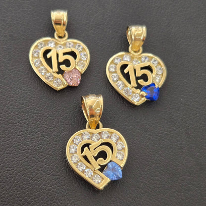 10k Yellow Gold Heart Quince Pendant, 15 Gold Charm, Quinceañera Gold Heart Pendant, Birthstone Charm, Sweet Fifteen Birthday CZ Stone Charm