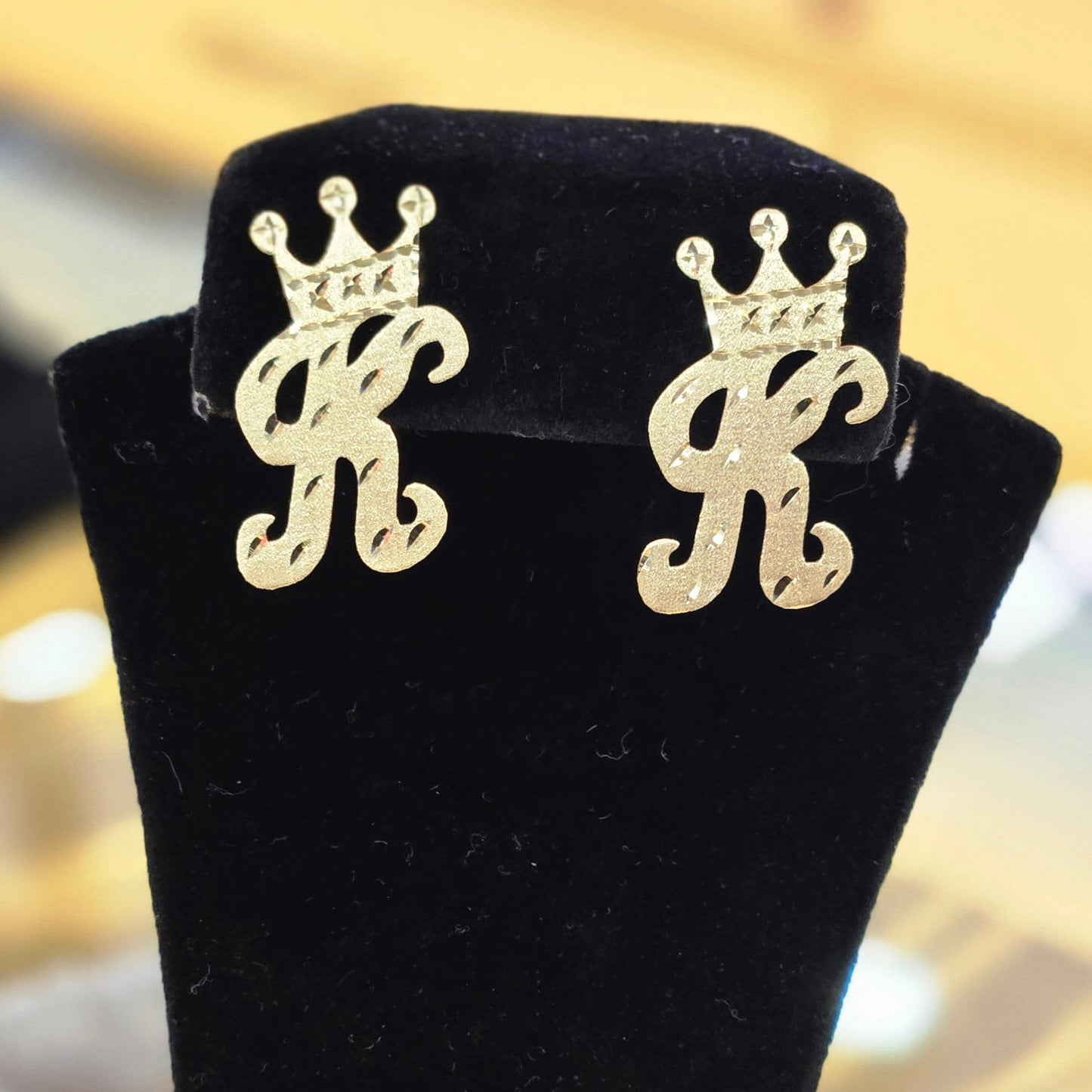 10k Gold Initial Crown Earrings, Alphabet Letter Earring, Gold Letter Earrings, Initial Name Earrings, Push back, Diamond Cut Finish, Queen