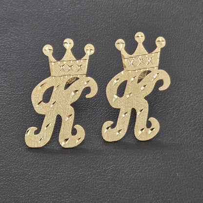 10k Gold Initial Crown Earrings, Alphabet Letter Earring, Gold Letter Earrings, Initial Name Earrings, Push back, Diamond Cut Finish, Queen