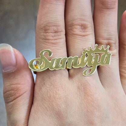 10k Gold Custom Two Finger Name Ring, Double Name Ring, Crown Name Ring, Birthday Gift Ring, Royalty Gold Ring, Queen Kimd Crown Ring