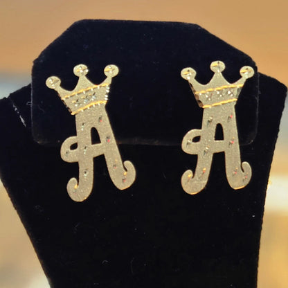 10k Gold Initial Crown Earrings, Alphabet Letter Earring, Gold Letter Earrings, Initial Name Earrings, Push back, Diamond Cut Finish, Queen