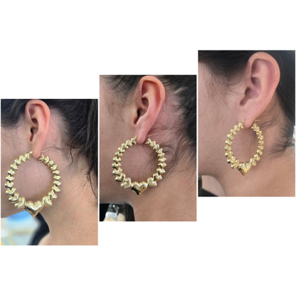 10k Yellow Gold Hoops with Heart Design, All Around Hearts, Love Hoops, Clip on Earrings, Textured Graduated Heart Hoops, Bamboo Heart Hoops